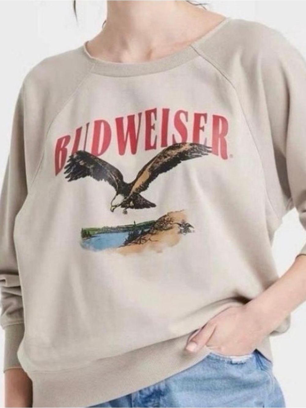 Budweiser Beige Graphic Crewneck Sweatshirt with Red Logo